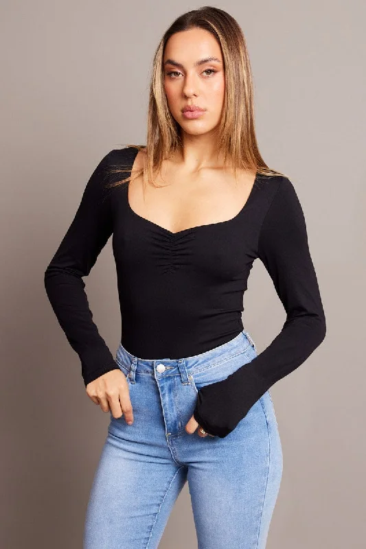 Black Bodysuit Long Sleeve Square Neck