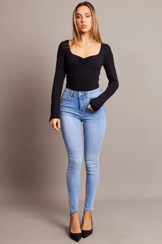 Black Bodysuit Long Sleeve Square Neck