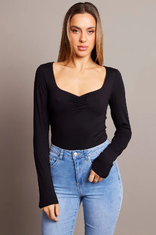 Black Bodysuit Long Sleeve Square Neck