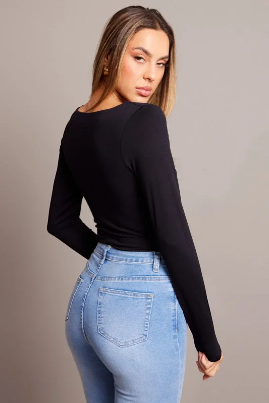 Black Bodysuit Long Sleeve Square Neck