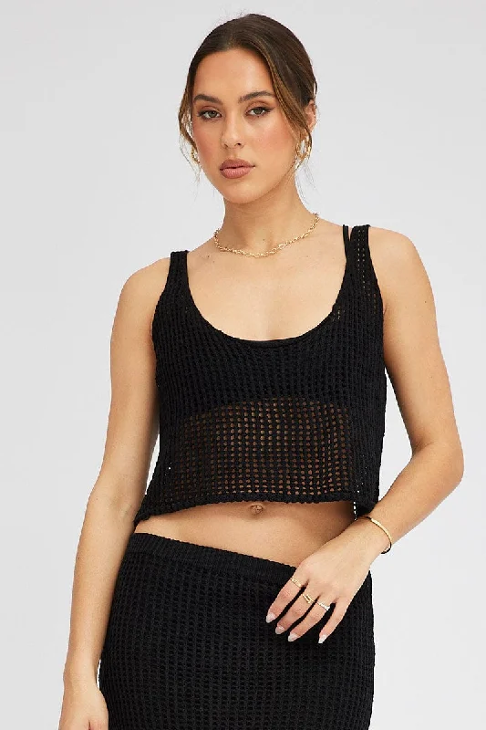 Black Crochet Knit Top Scoop Neck