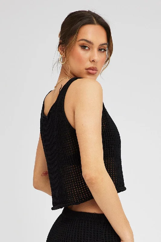 Black Crochet Knit Top Scoop Neck