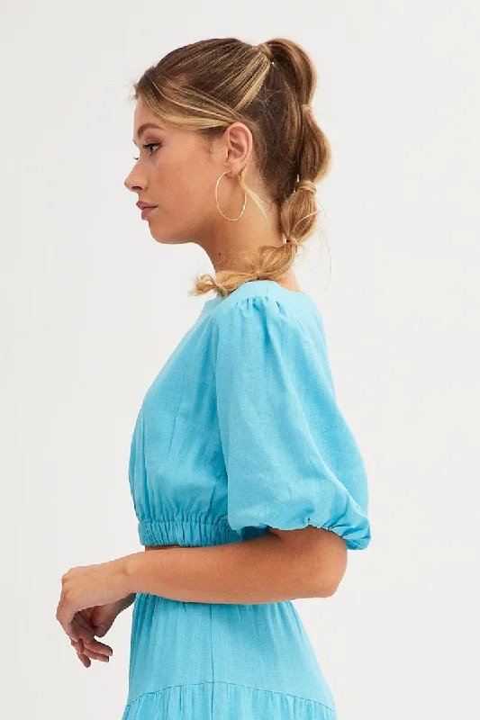 Blue Crop Top Puff Sleeve