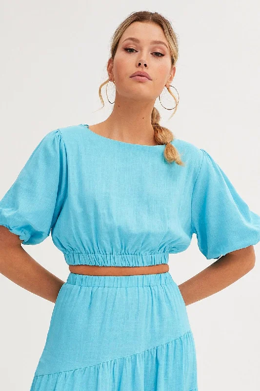 Blue Crop Top Puff Sleeve