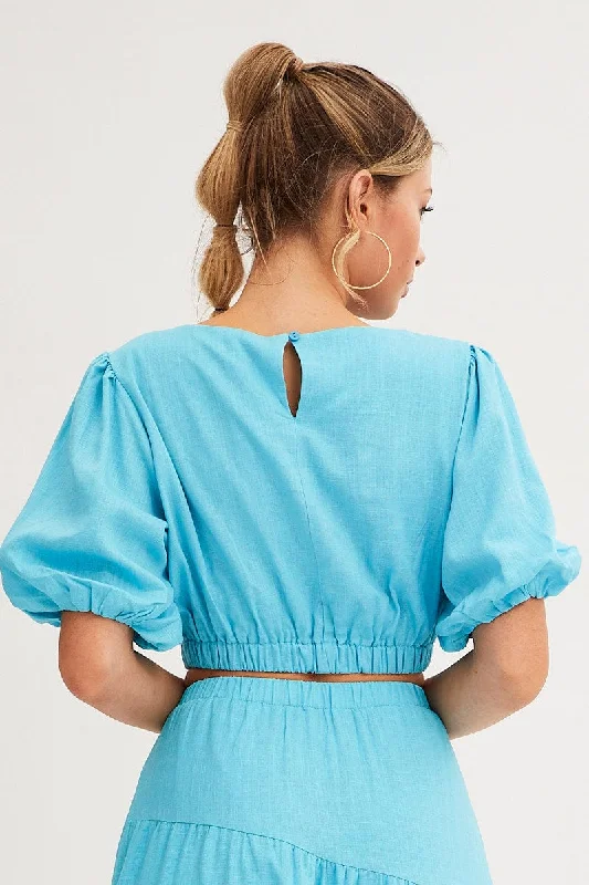 Blue Crop Top Puff Sleeve