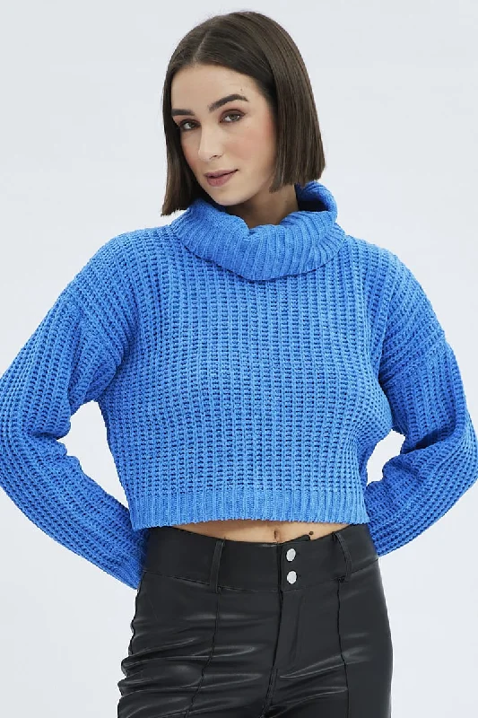 Blue Knit Jumper Turtle Neck Chenille