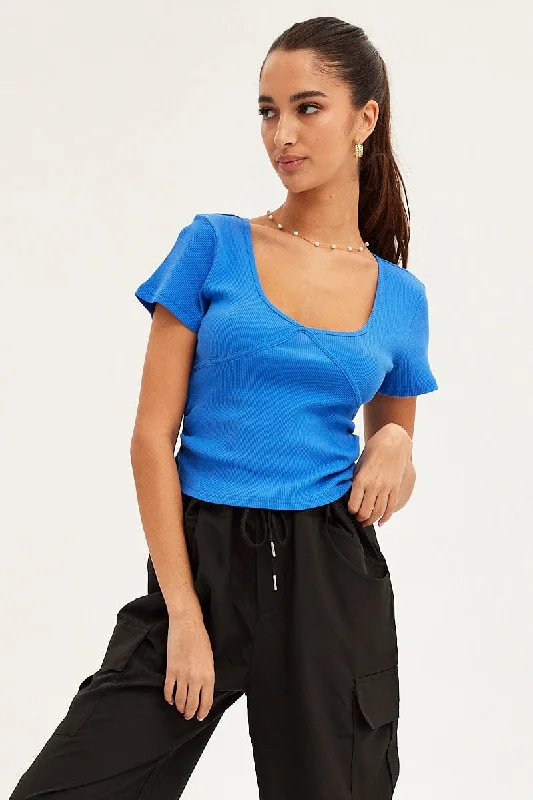 Blue T Shirt Short Sleeve V Neck