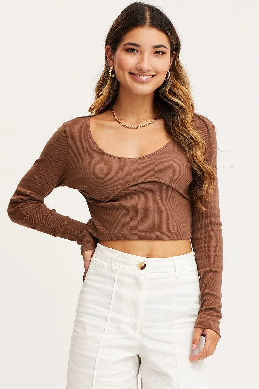 Brown Top Long Sleeve Round Neck