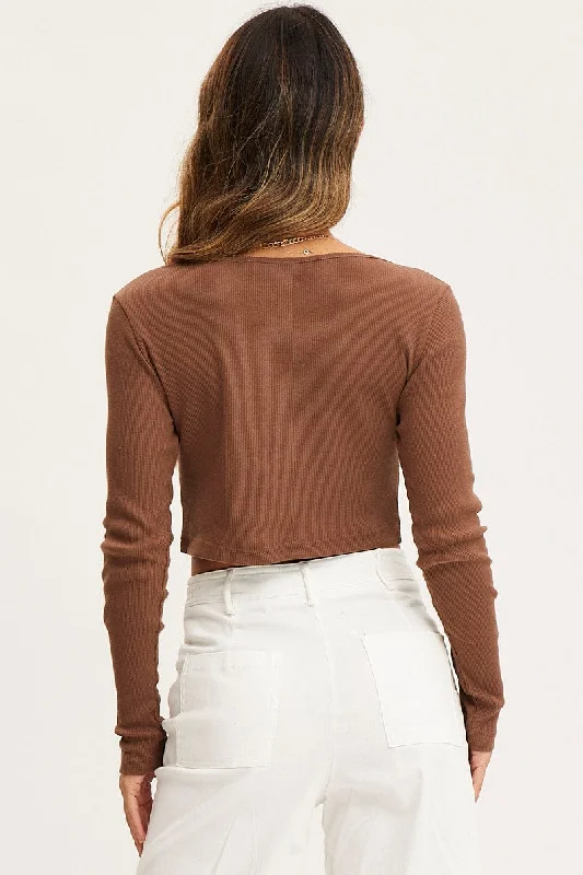 Brown Top Long Sleeve Round Neck