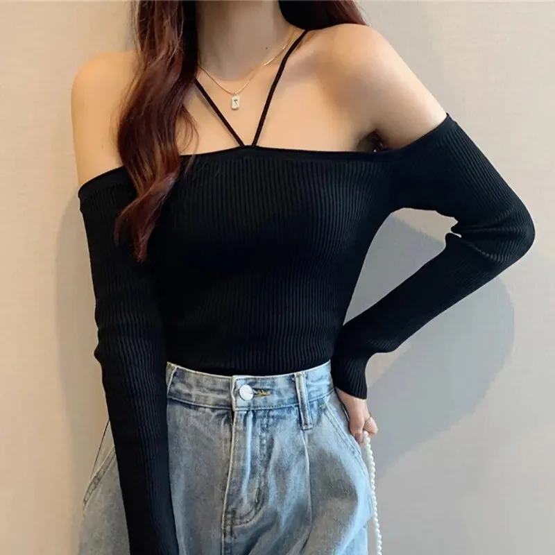 Black Knitted Halter Crop Top