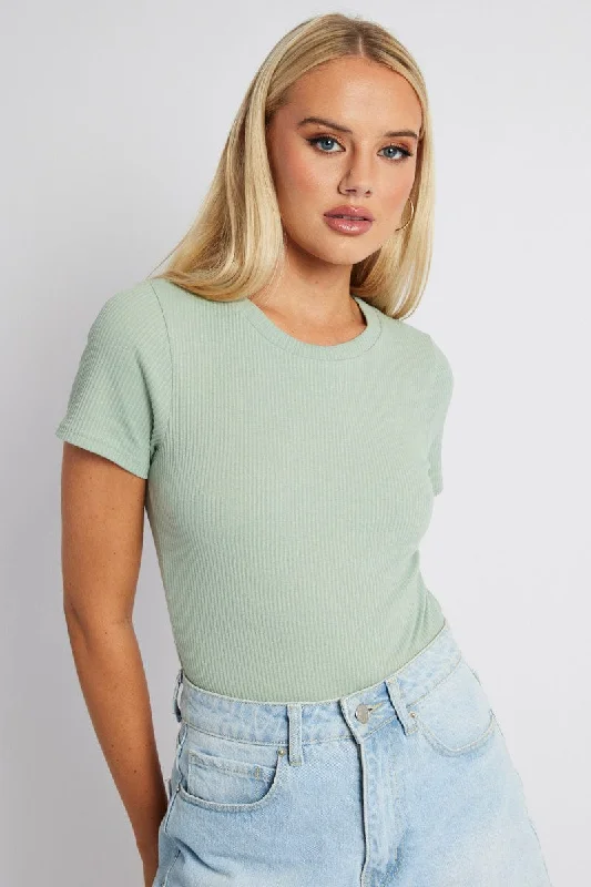 Green Bodysuit Short Sleeve Crew Neck Rib Jersey