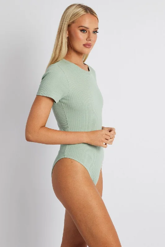 Green Bodysuit Short Sleeve Crew Neck Rib Jersey