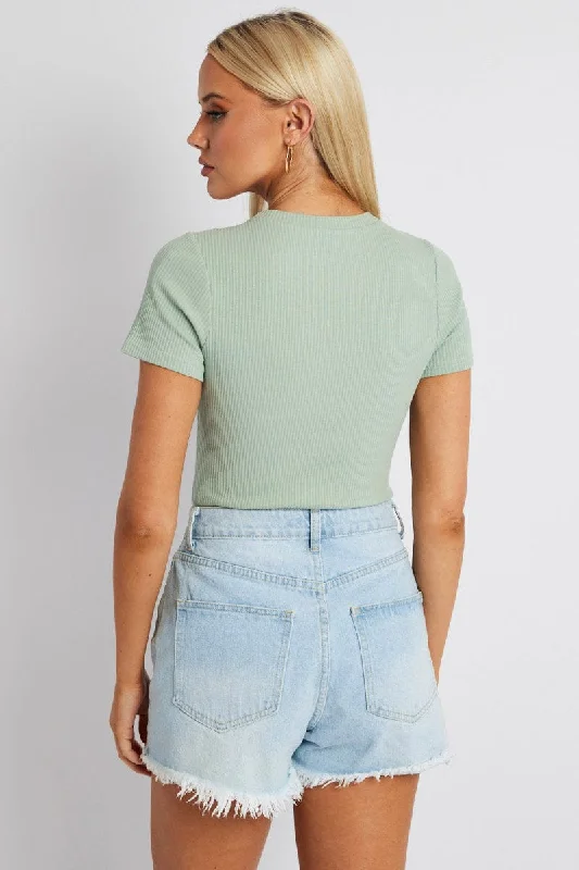 Green Bodysuit Short Sleeve Crew Neck Rib Jersey