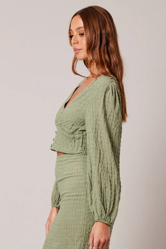 Green Crop Top Long Sleeve Textured