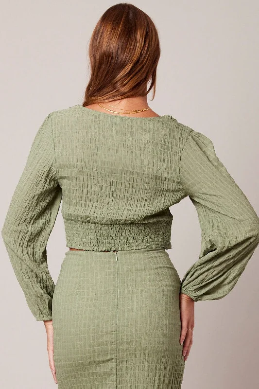 Green Crop Top Long Sleeve Textured