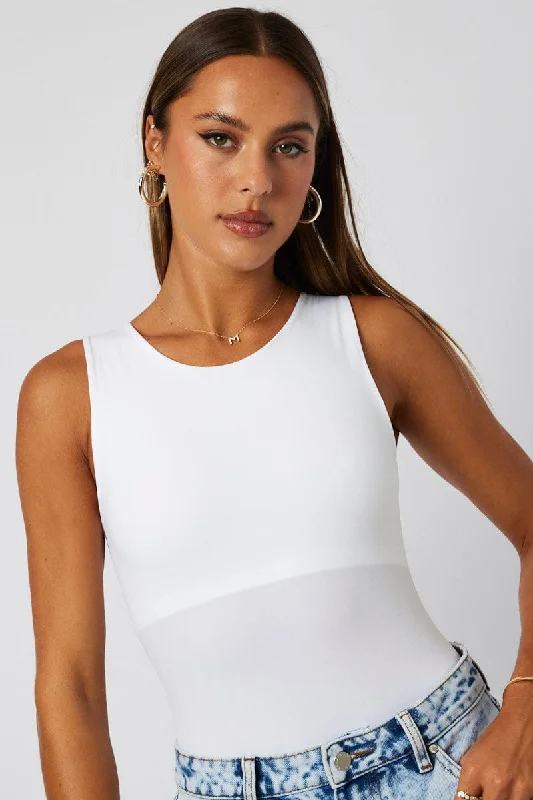 White Bodysuit Sleeveless Crew Neck Seamless