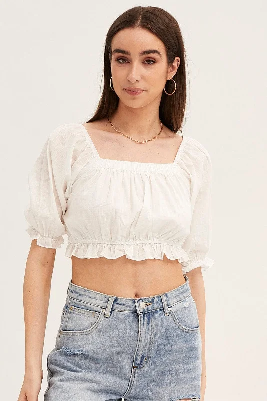 White Crop Top Puff Sleeve Frill Edge