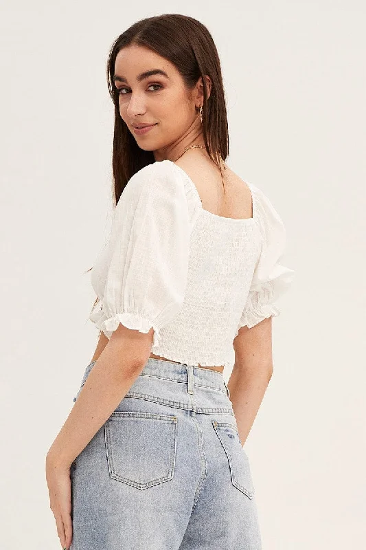 White Crop Top Puff Sleeve Frill Edge