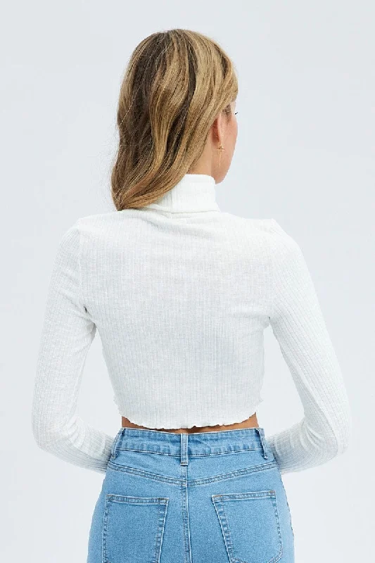 White Top Long Sleeve Roll Up Neck