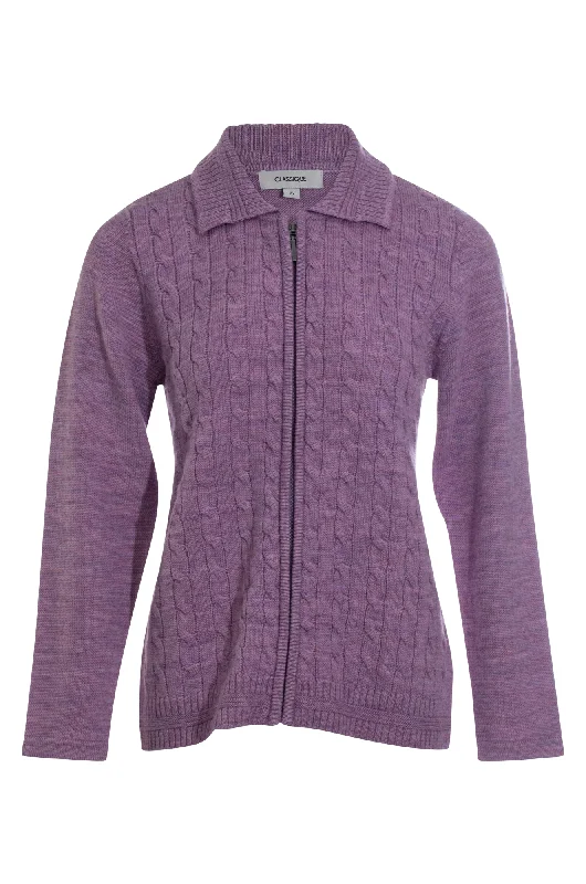 100% Wool cable knit Cardigan | Amethyst Marle | 9013ZZ