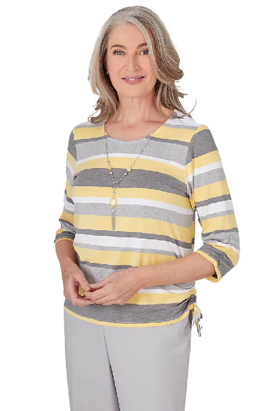 Charleston Striped Ruched Sleeve Necklace Top