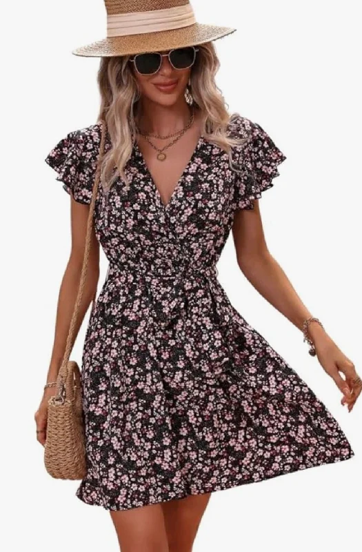 Aesthetic Black Dress || Flounce Sleeve Ruffle Flared Dress || Printed