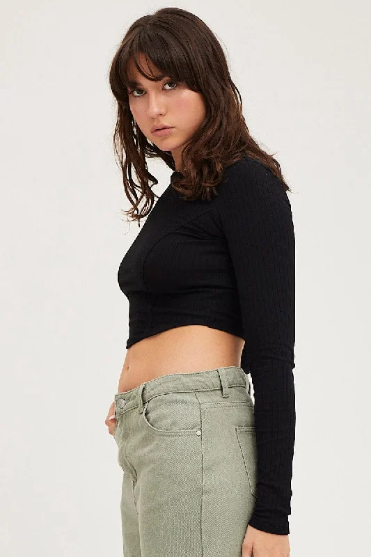 Black Crop Top Long Sleeve Bust Detail