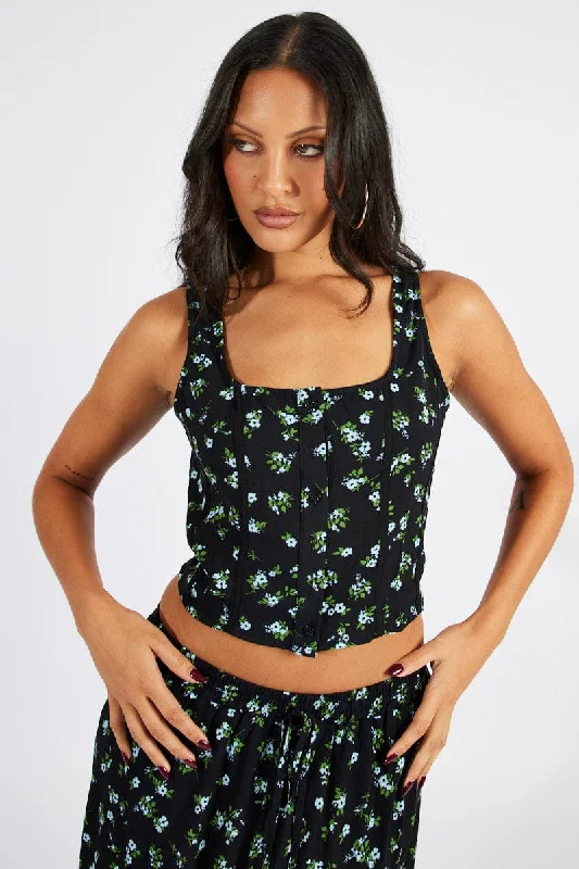 Black Floral Corset Top Sleeveless