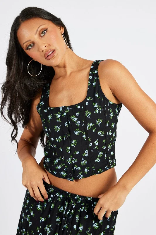 Black Floral Corset Top Sleeveless