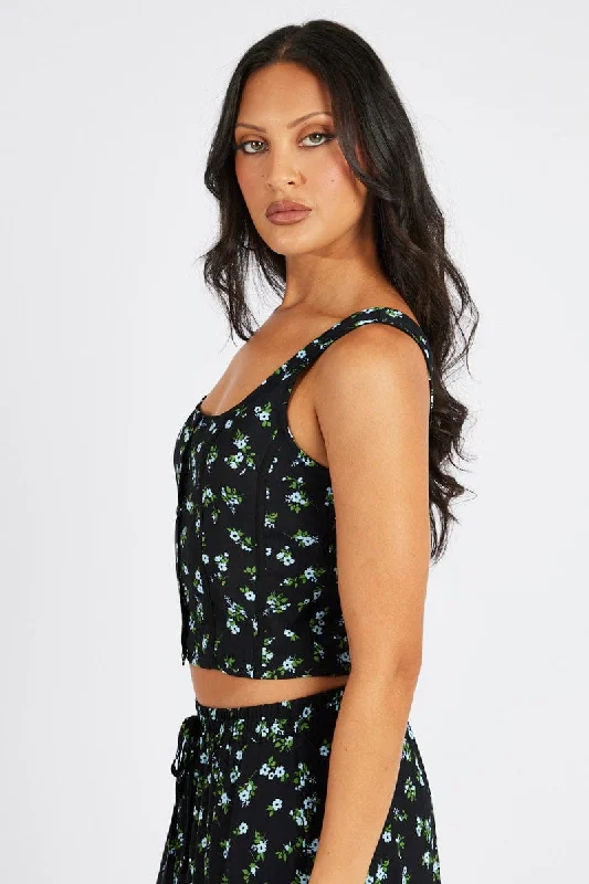 Black Floral Corset Top Sleeveless