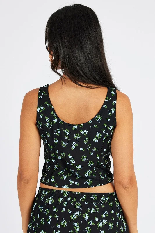 Black Floral Corset Top Sleeveless