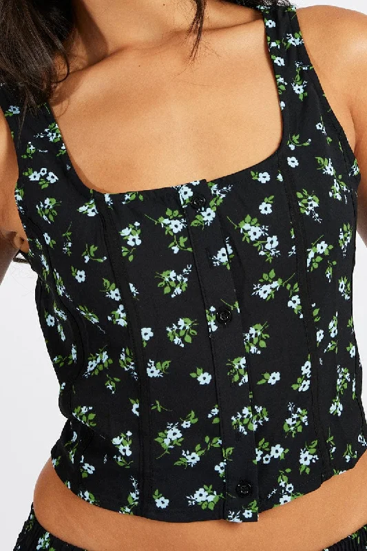 Black Floral Corset Top Sleeveless