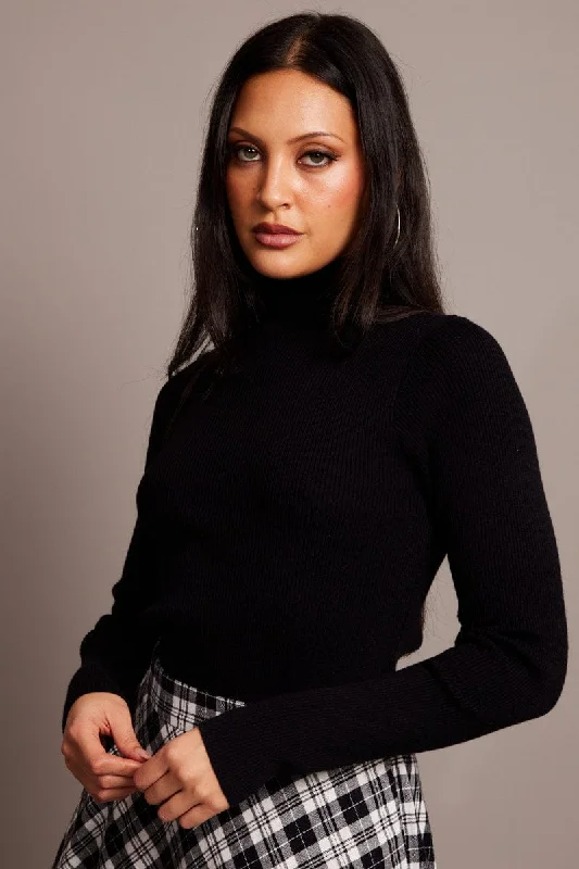 Black Knit Top Long Sleeve High Neck