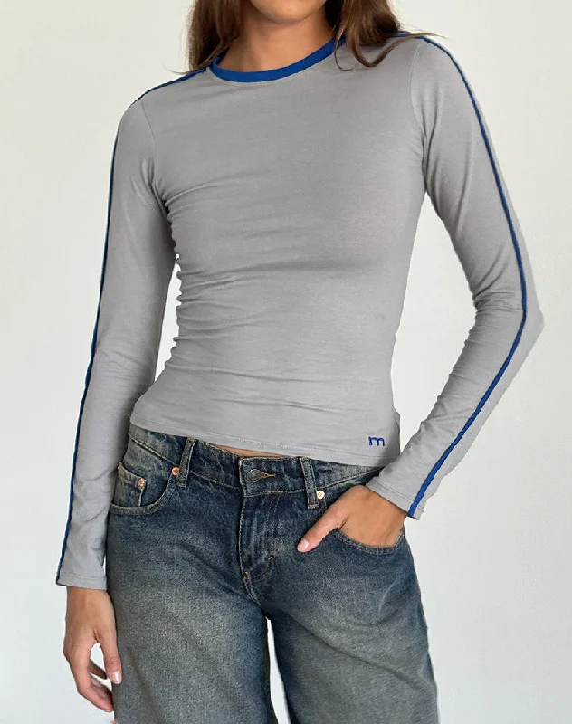 Bonija Long Sleeve Top in Grey with Cobalt Blue Piping