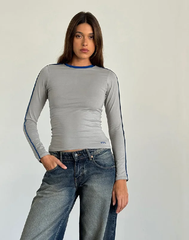 Bonija Long Sleeve Top in Grey with Cobalt Blue Piping