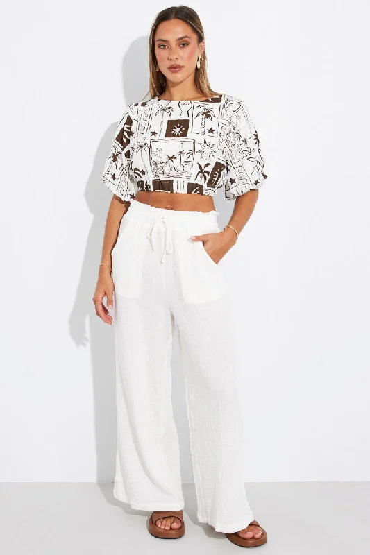 Brown Abstract Crop Top Puff Sleeve Linen