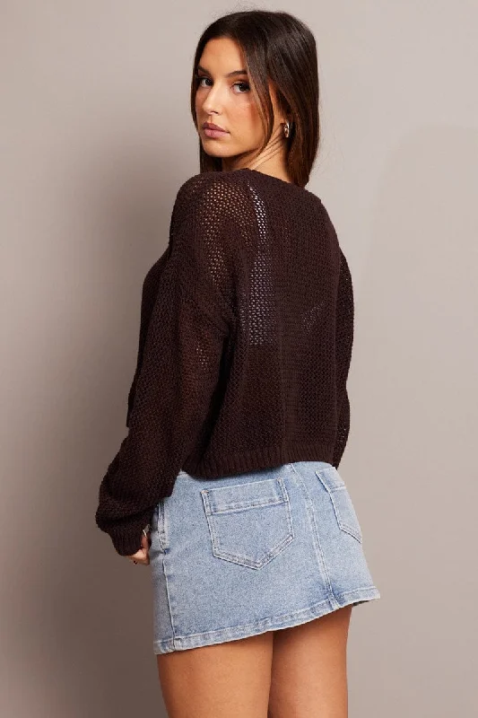 Brown Crochet Knit Top Boat Neck Long Sleeve