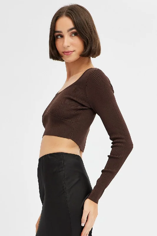 Brown Knit Top Long Sleeve Crop