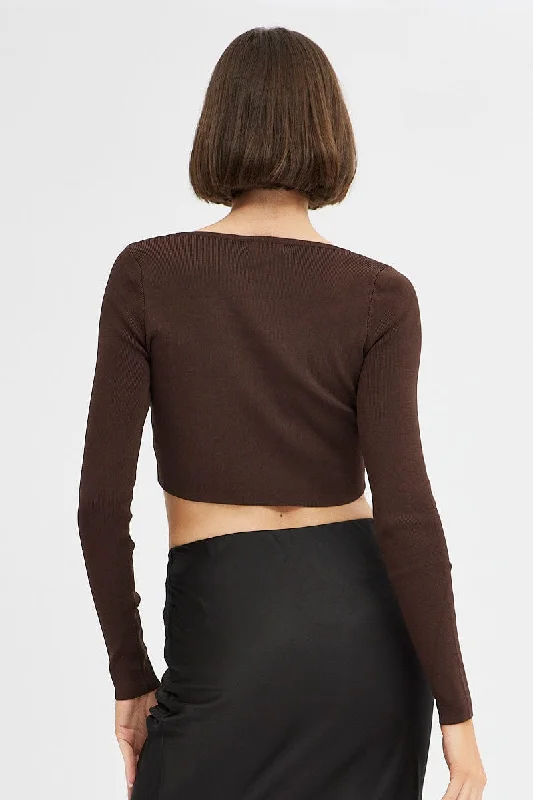 Brown Knit Top Long Sleeve Crop