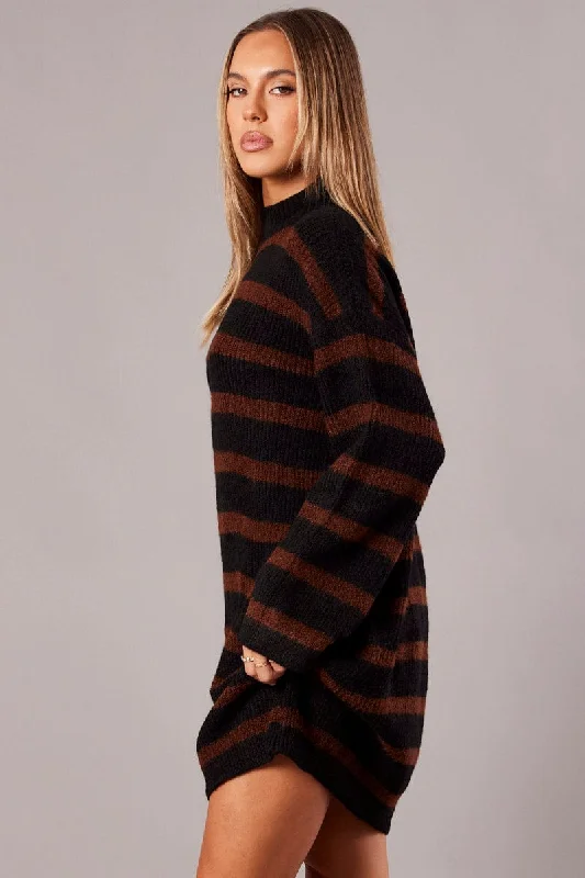 Brown Stripe Knit Jumper Dress Mini