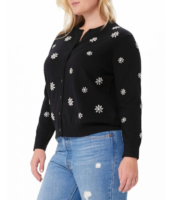 Cotton Cashmere Allover Gem Cardigan Black