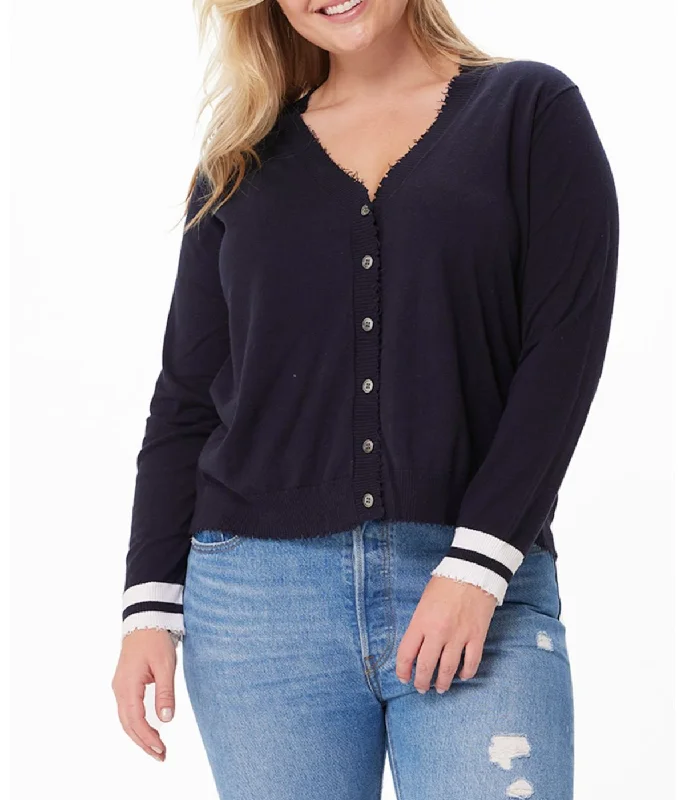 Cotton Cashmere Frayed Edge Cardi W Stripe Cuff Navy