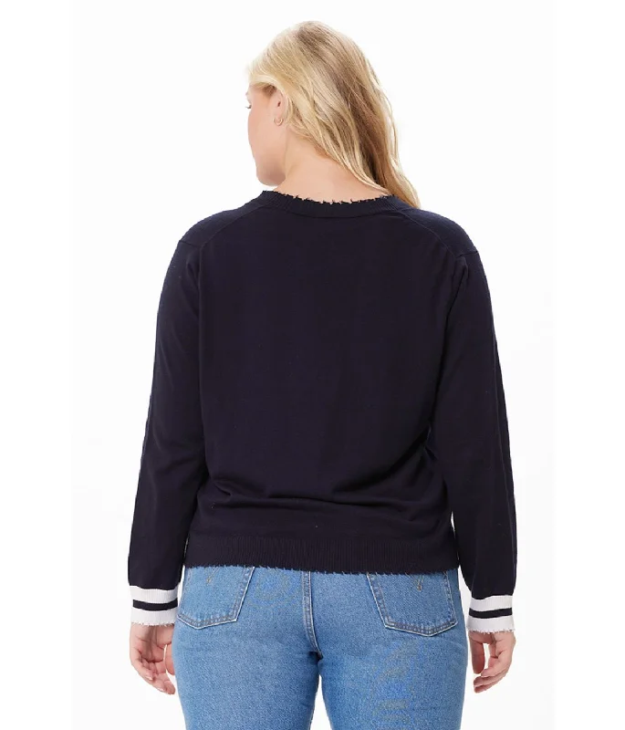 Cotton Cashmere Frayed Edge Cardi W Stripe Cuff Navy