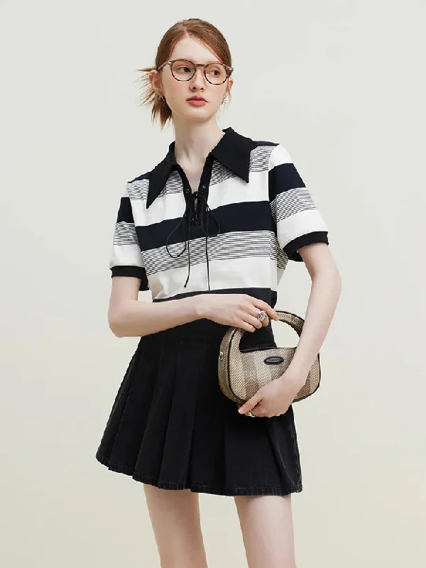 FashionSierra - Retro Black White Striped POLO Summer Niche Lace-up Loose Short-sleeved T-shirt