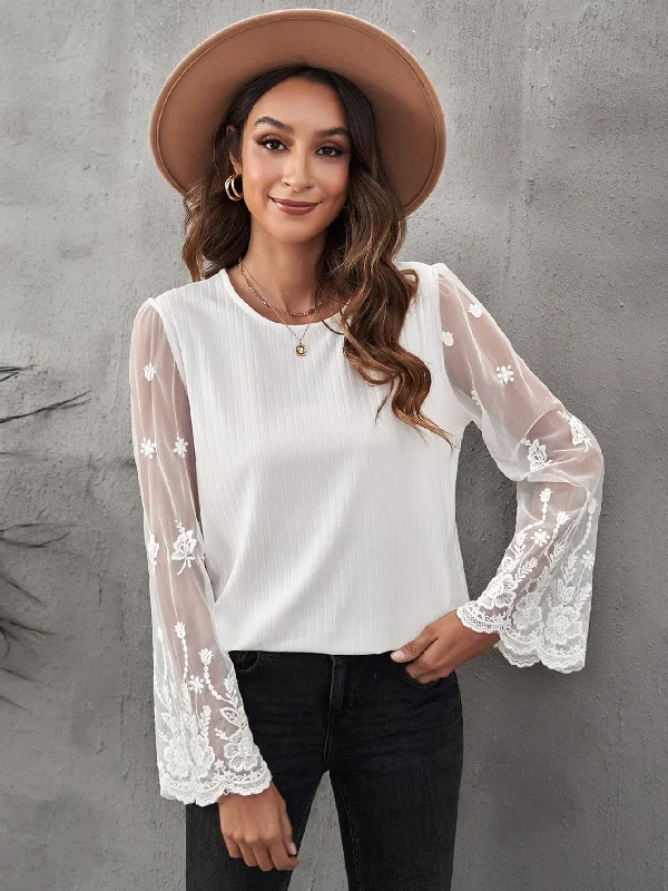 MegaBetty - White Flare Lace Sleeve Ribbed Knit Top