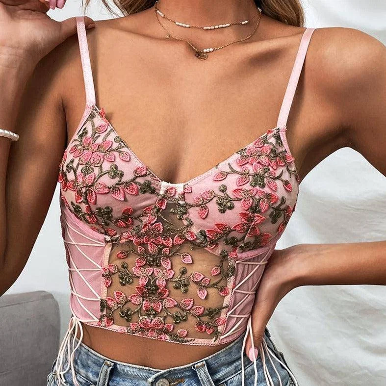 MegaBetty - Bessy Floral Embroidery Lace See Through Cami Top