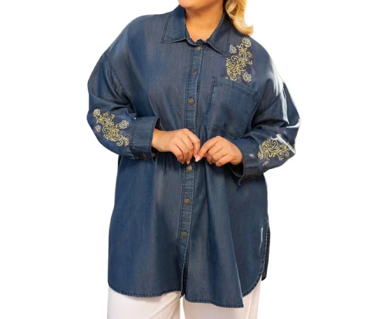 Embroidered Long Sleeve Oversize Tunic - Plus In Denim