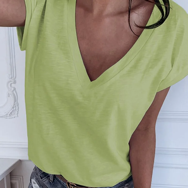 FashionSierra - Casual Solid Color Short Sleeve V Neck T-shirt