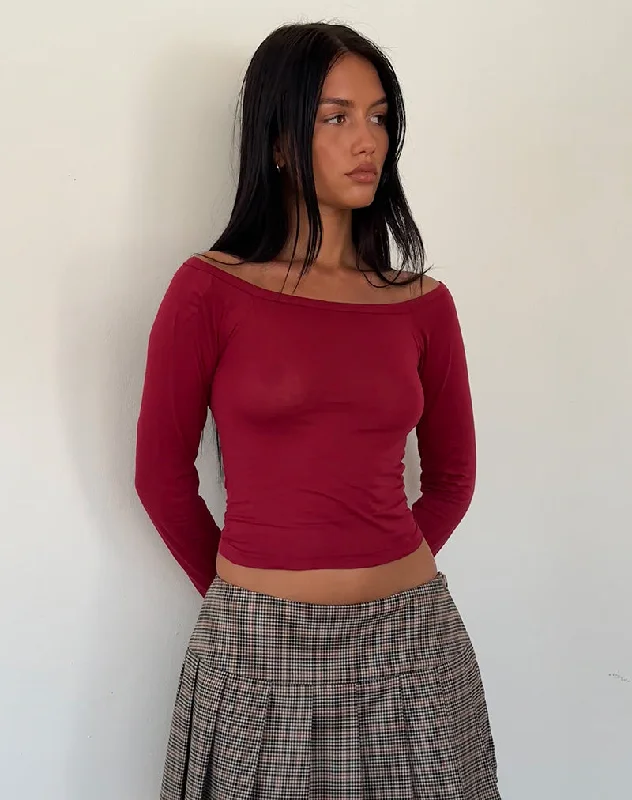 Gavya Long Sleeve Tissue Jersey Bardot Crop Top In Adrenaline Red