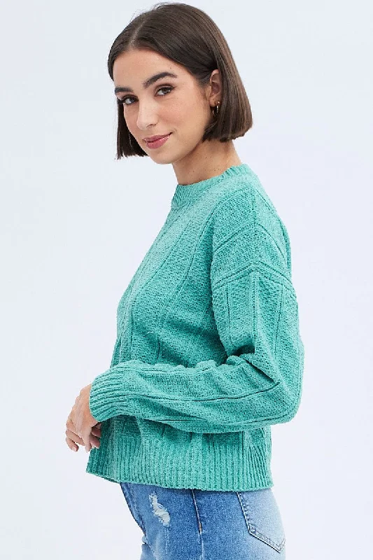 Green Knit Top Long Sleeve Crop